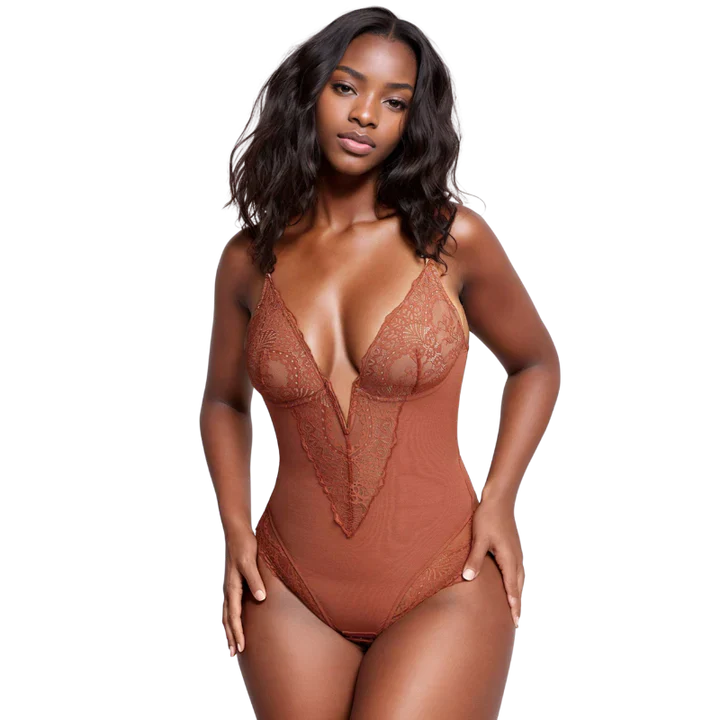 Deep-V Neck Lace Thong Bodysuit