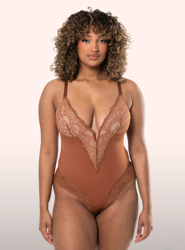 Deep-V Neck Lace Thong Bodysuit